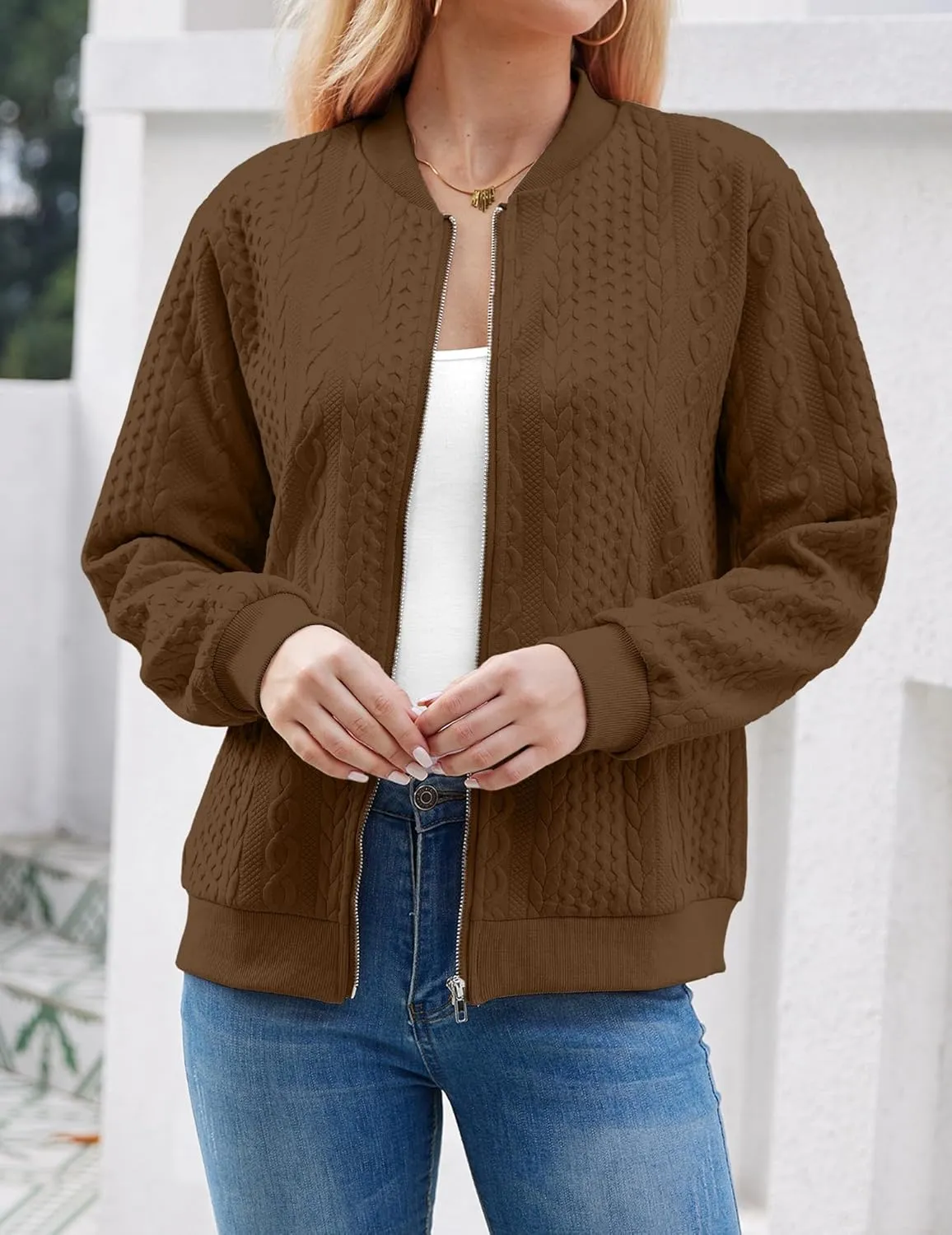 Women's Zip Up Cardigan Sweater Cable Hoodies Long Sleeve Jacket Outfits Crewneck Casual Coat