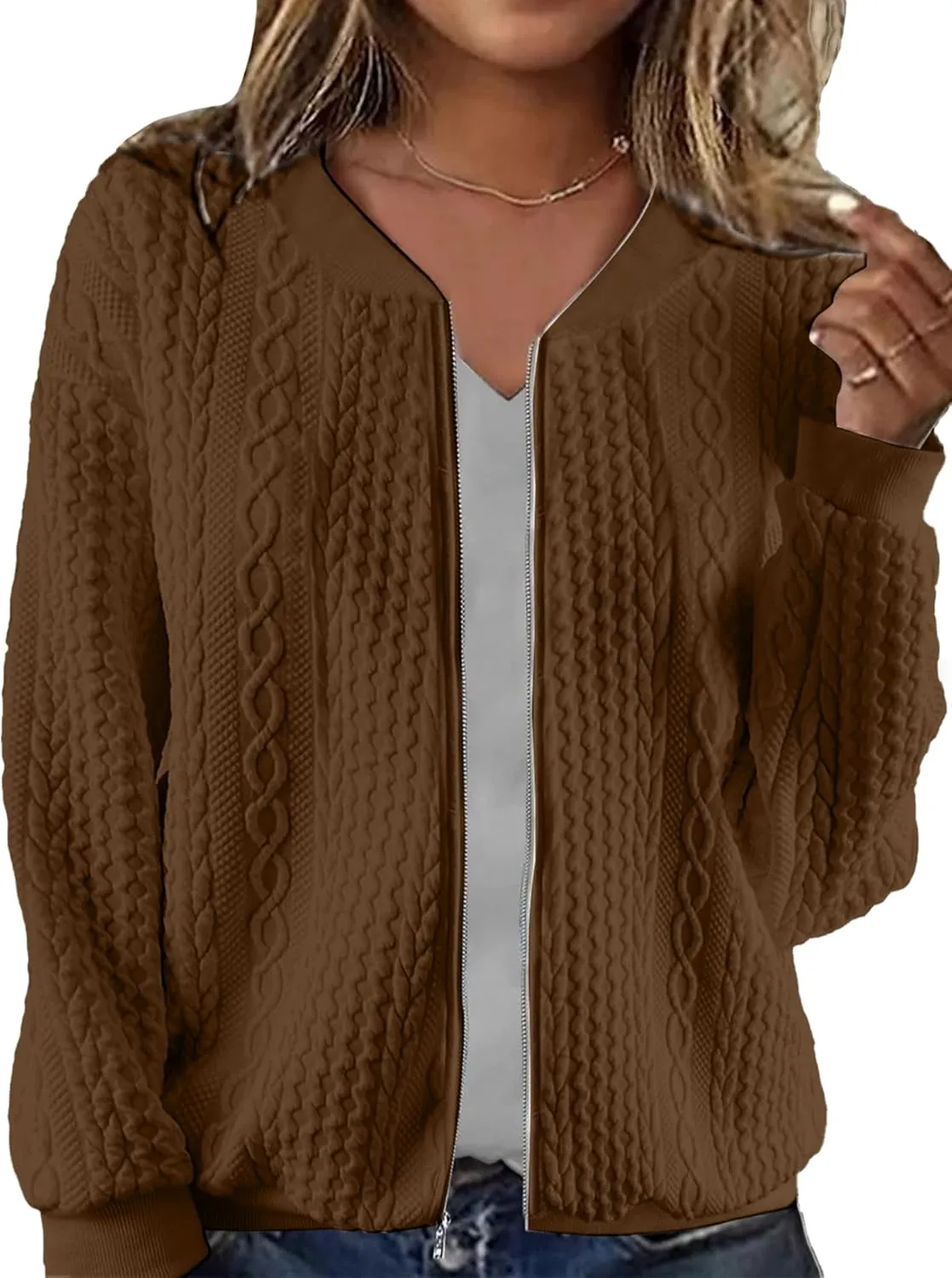 Women's Zip Up Cardigan Sweater Cable Hoodies Long Sleeve Jacket Outfits Crewneck Casual Coat