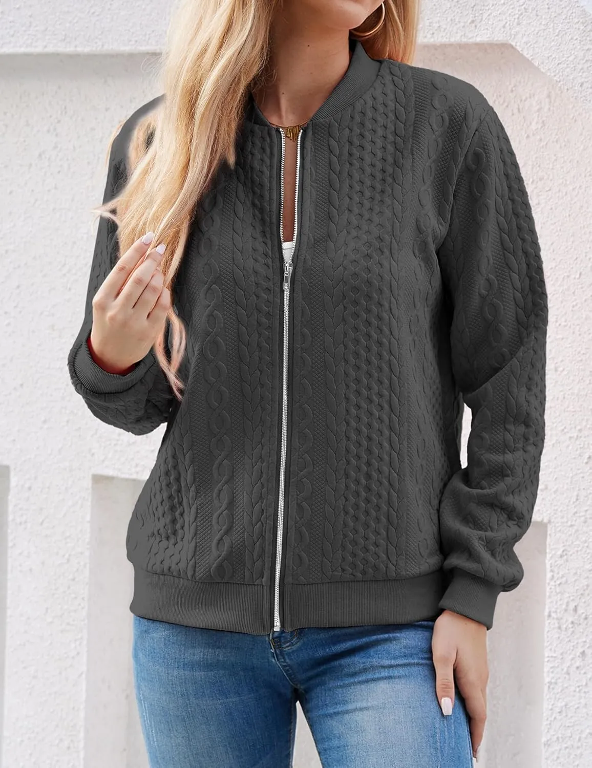 Women's Zip Up Cardigan Sweater Cable Hoodies Long Sleeve Jacket Outfits Crewneck Casual Coat