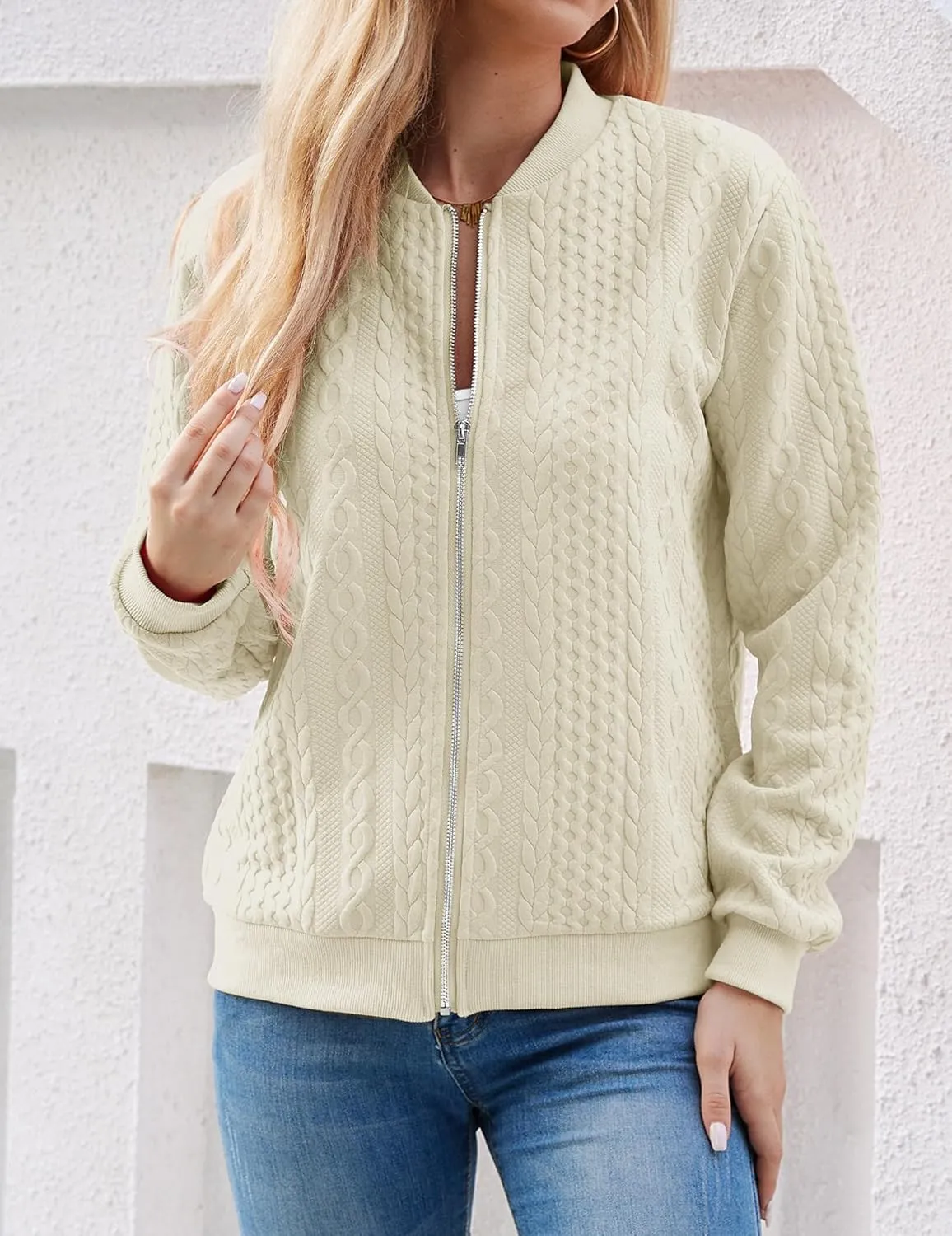 Women's Zip Up Cardigan Sweater Cable Hoodies Long Sleeve Jacket Outfits Crewneck Casual Coat