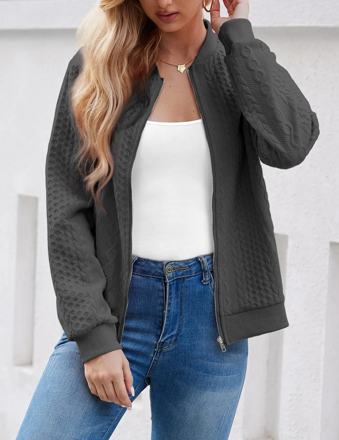 Women's Zip Up Cardigan Sweater Cable Hoodies Long Sleeve Jacket Outfits Crewneck Casual Coat