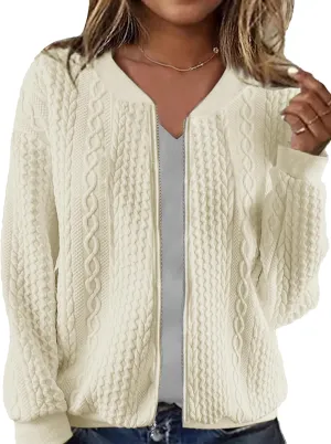Women's Zip Up Cardigan Sweater Cable Hoodies Long Sleeve Jacket Outfits Crewneck Casual Coat