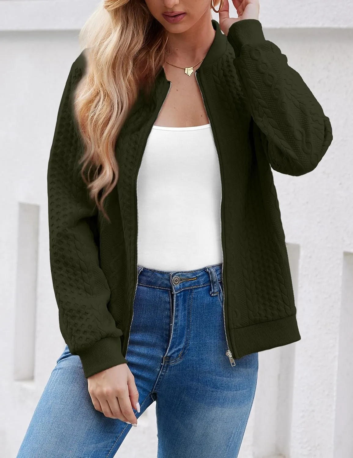 Women's Zip Up Cardigan Sweater Cable Hoodies Long Sleeve Jacket Outfits Crewneck Casual Coat