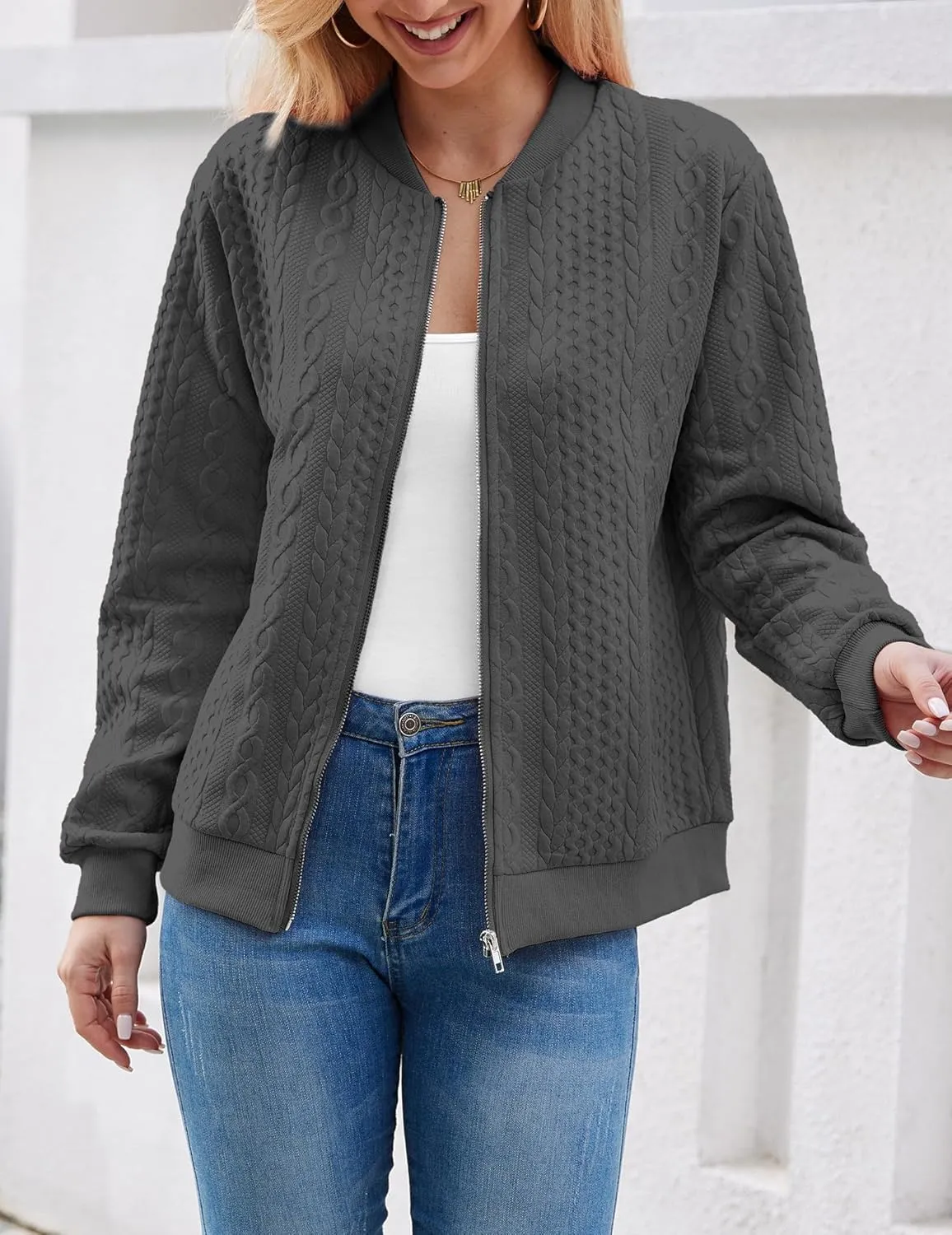 Women's Zip Up Cardigan Sweater Cable Hoodies Long Sleeve Jacket Outfits Crewneck Casual Coat