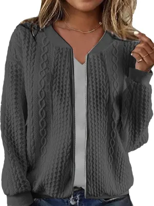 Women's Zip Up Cardigan Sweater Cable Hoodies Long Sleeve Jacket Outfits Crewneck Casual Coat