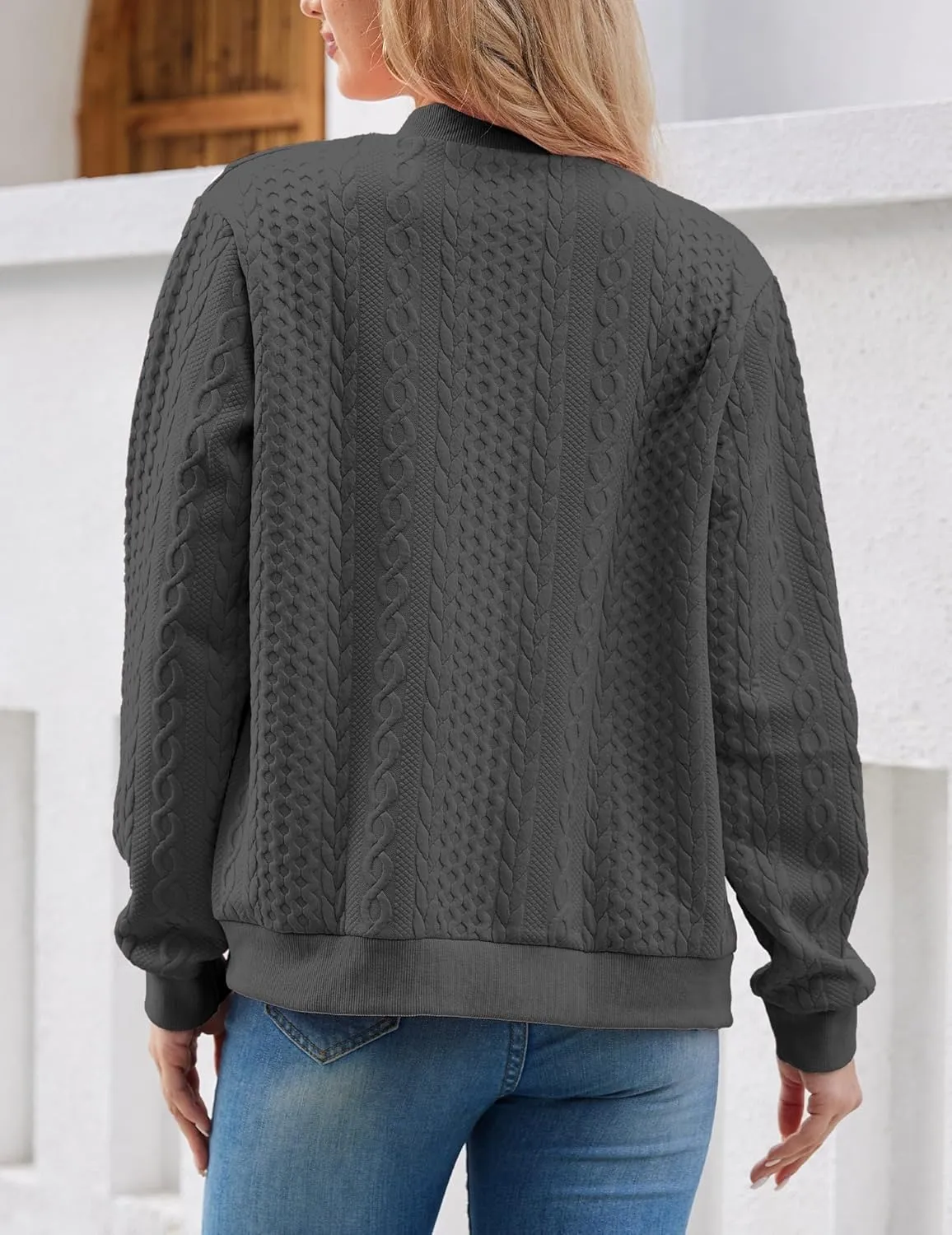 Women's Zip Up Cardigan Sweater Cable Hoodies Long Sleeve Jacket Outfits Crewneck Casual Coat