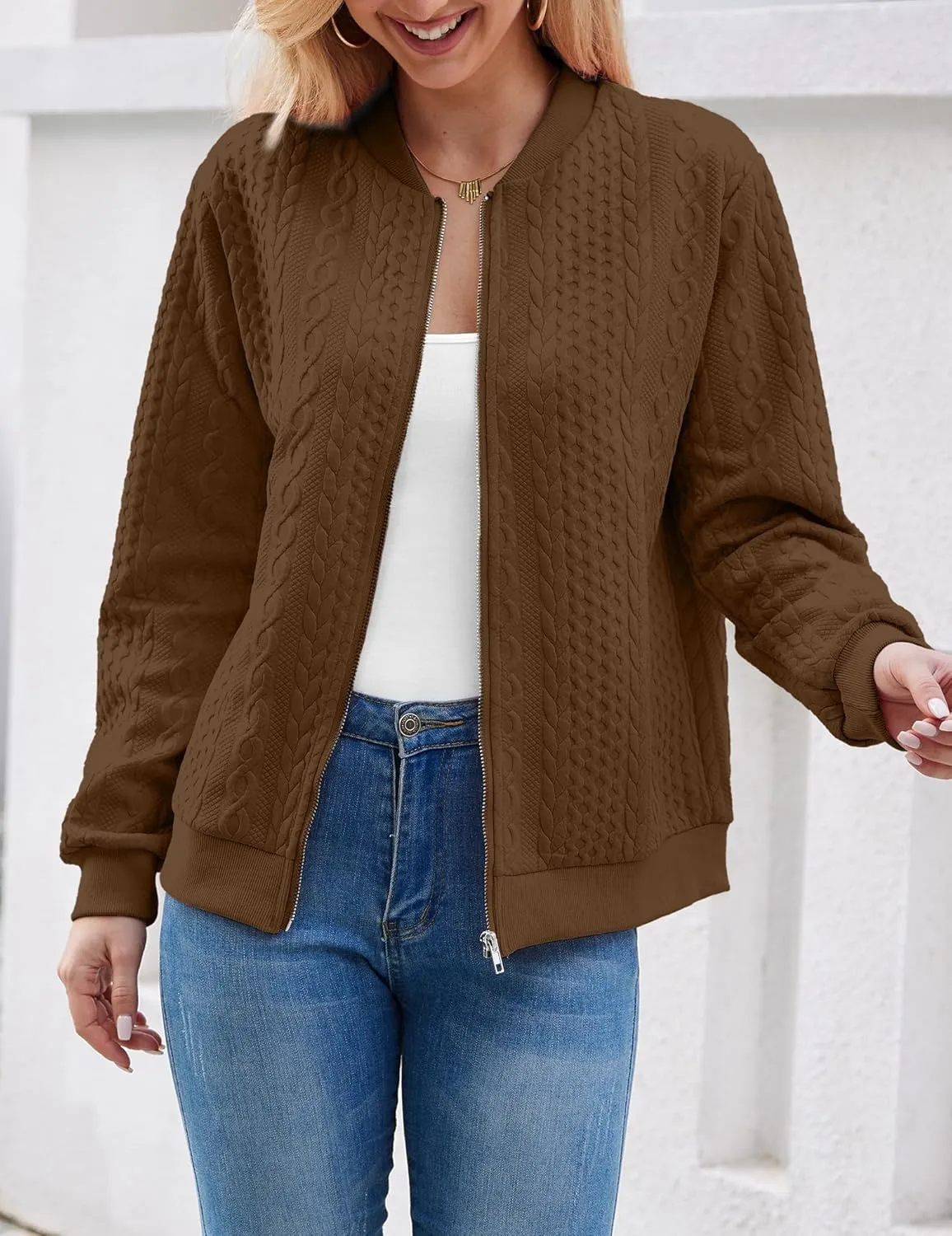 Women's Zip Up Cardigan Sweater Cable Hoodies Long Sleeve Jacket Outfits Crewneck Casual Coat