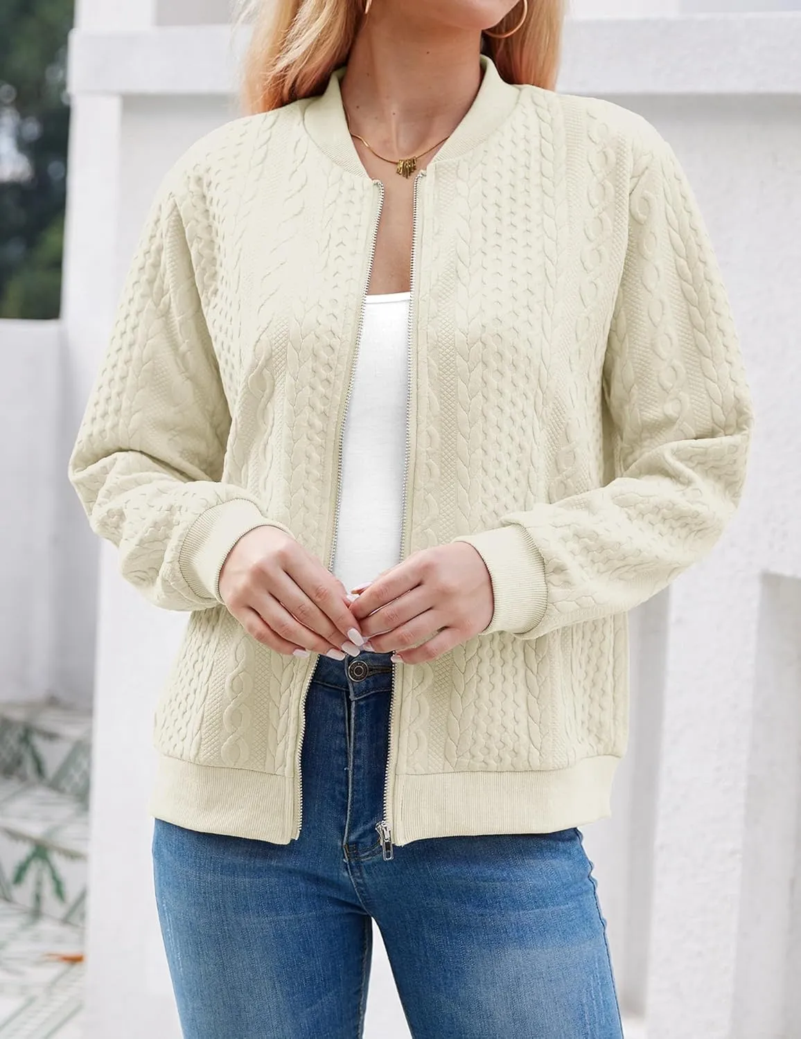 Women's Zip Up Cardigan Sweater Cable Hoodies Long Sleeve Jacket Outfits Crewneck Casual Coat