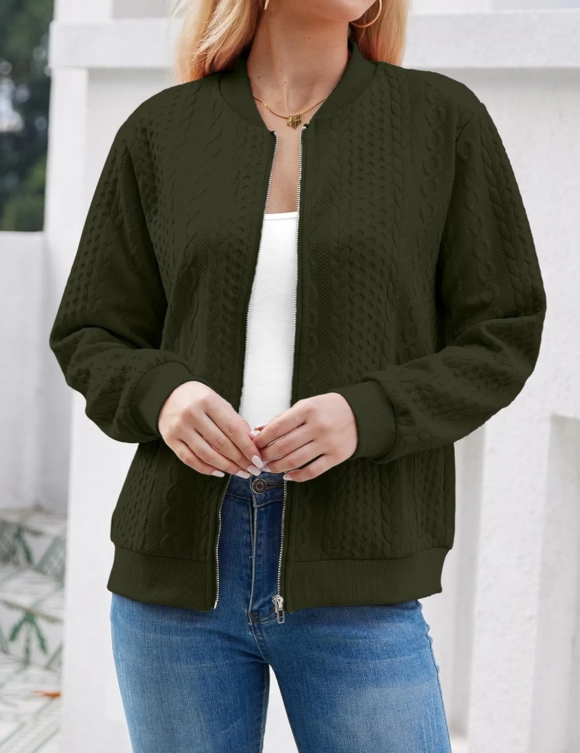 Women's Zip Up Cardigan Sweater Cable Hoodies Long Sleeve Jacket Outfits Crewneck Casual Coat