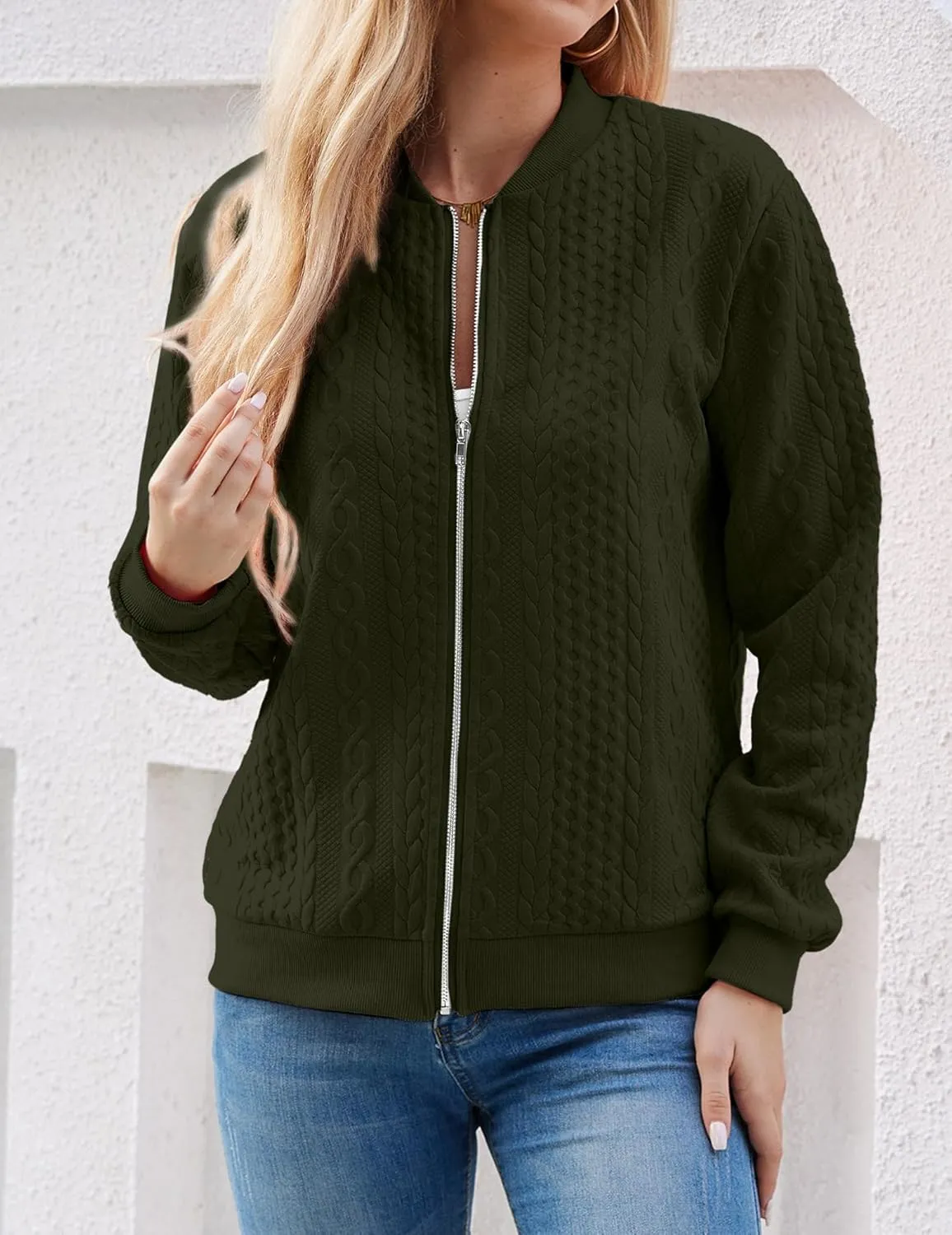 Women's Zip Up Cardigan Sweater Cable Hoodies Long Sleeve Jacket Outfits Crewneck Casual Coat