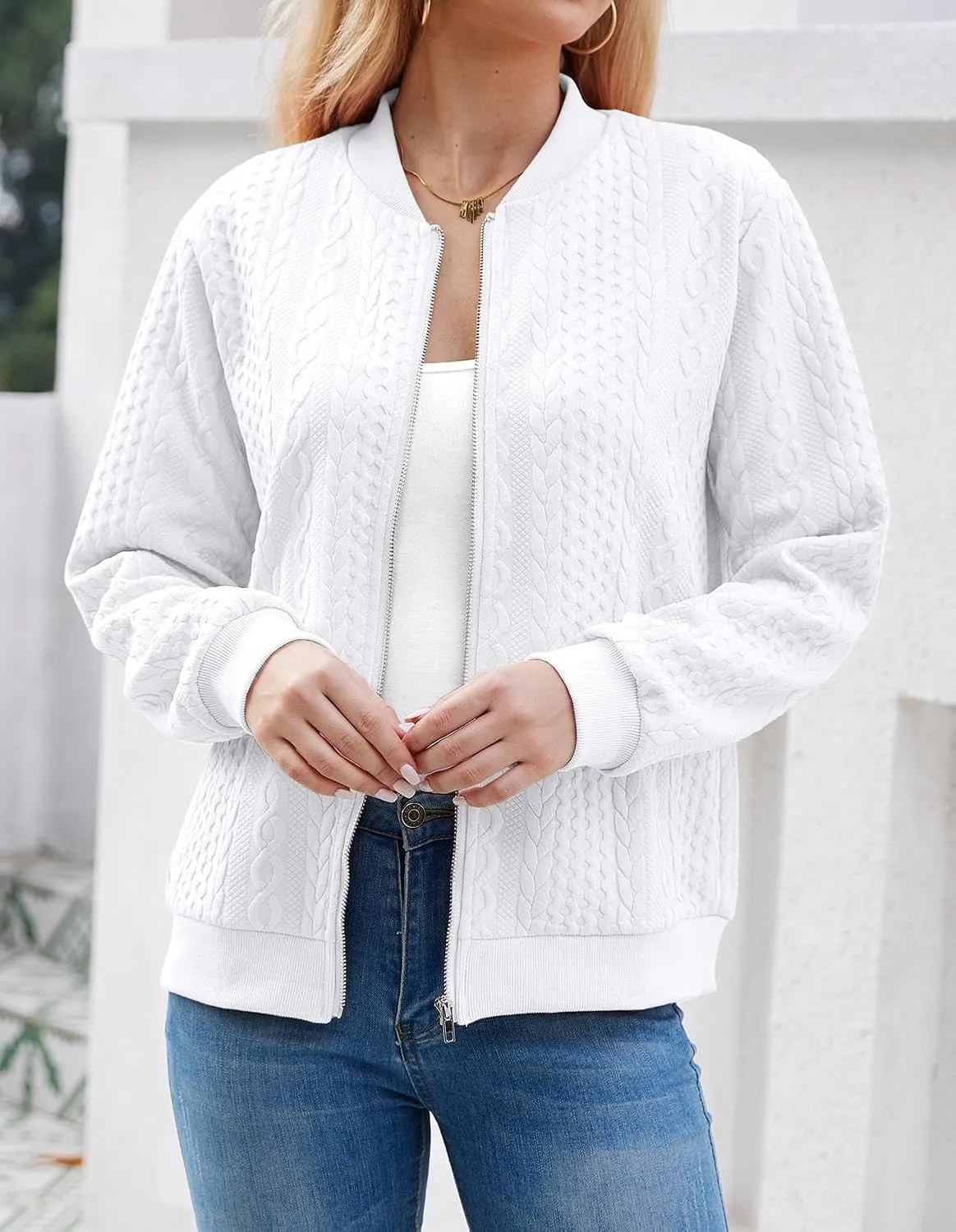 Women's Zip Up Cardigan Sweater Cable Hoodies Long Sleeve Jacket Outfits Crewneck Casual Coat