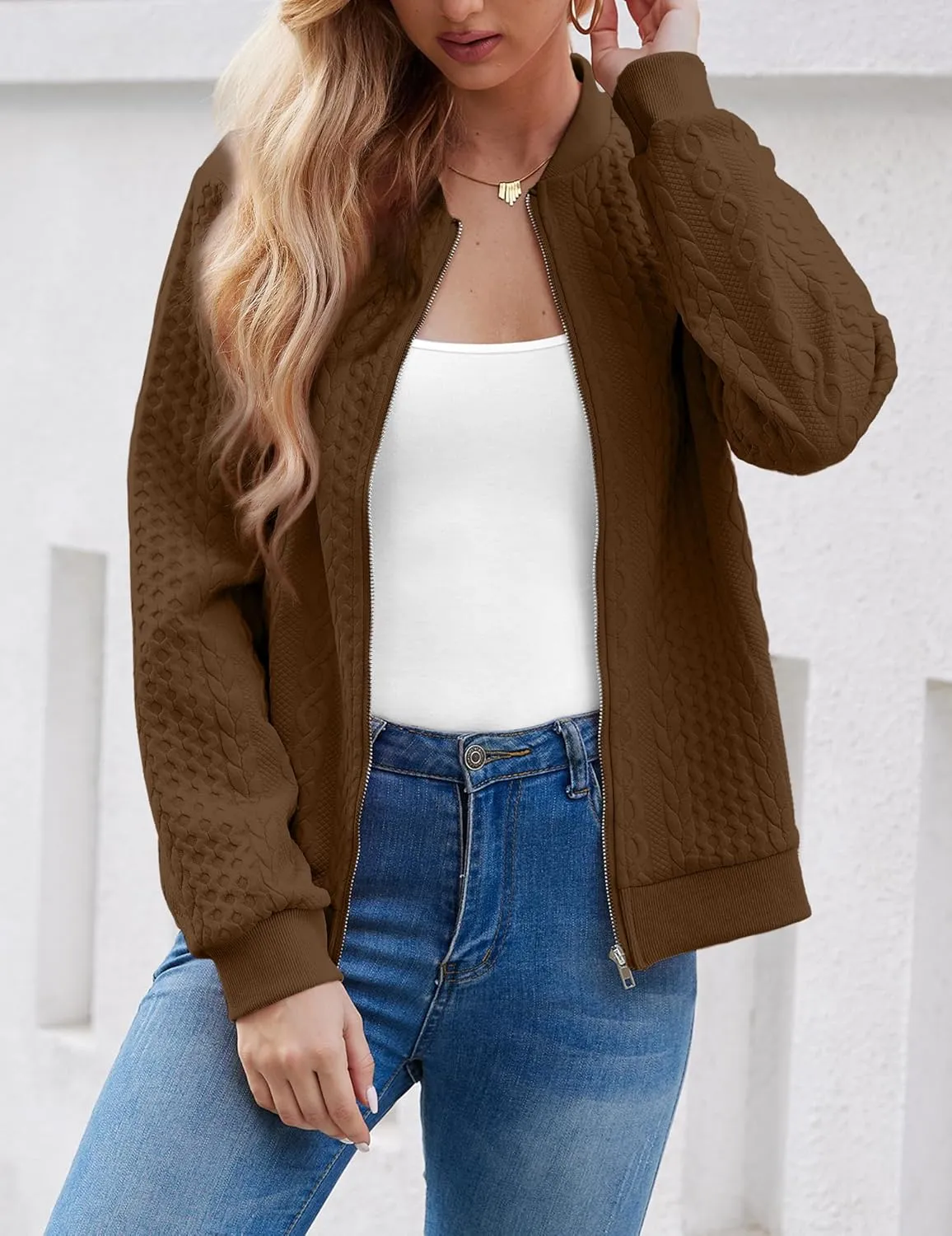Women's Zip Up Cardigan Sweater Cable Hoodies Long Sleeve Jacket Outfits Crewneck Casual Coat