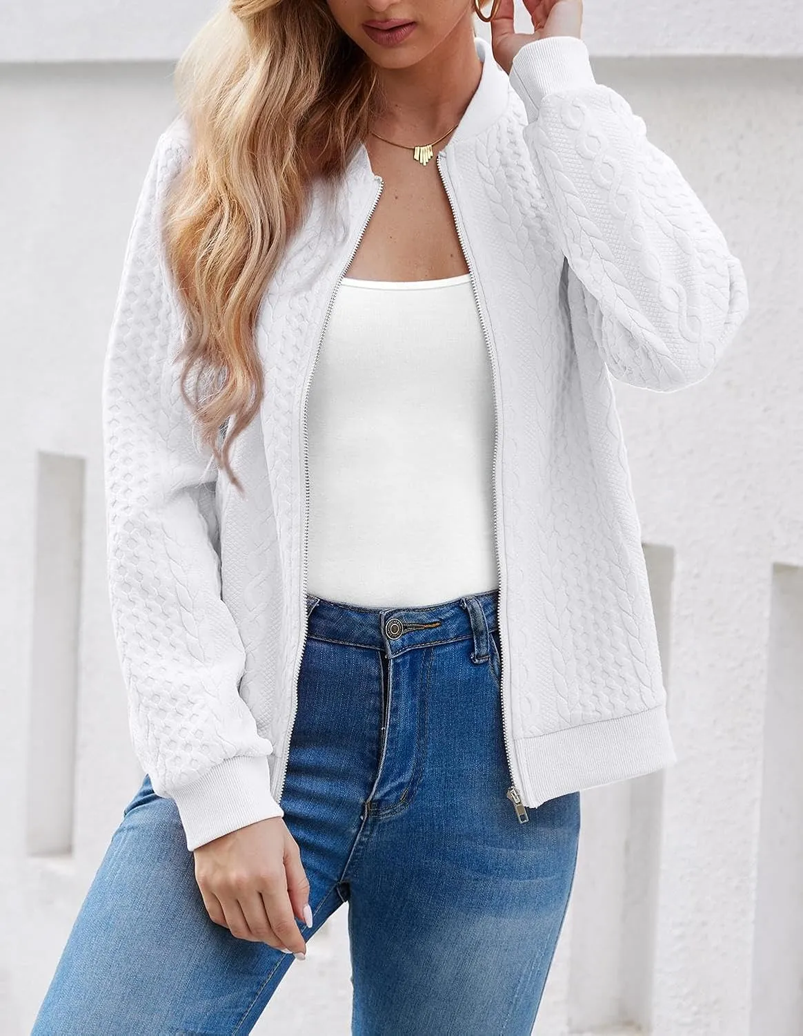 Women's Zip Up Cardigan Sweater Cable Hoodies Long Sleeve Jacket Outfits Crewneck Casual Coat