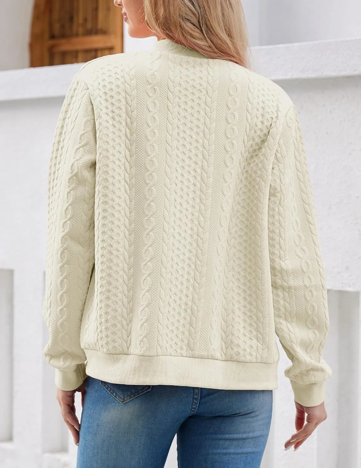 Women's Zip Up Cardigan Sweater Cable Hoodies Long Sleeve Jacket Outfits Crewneck Casual Coat