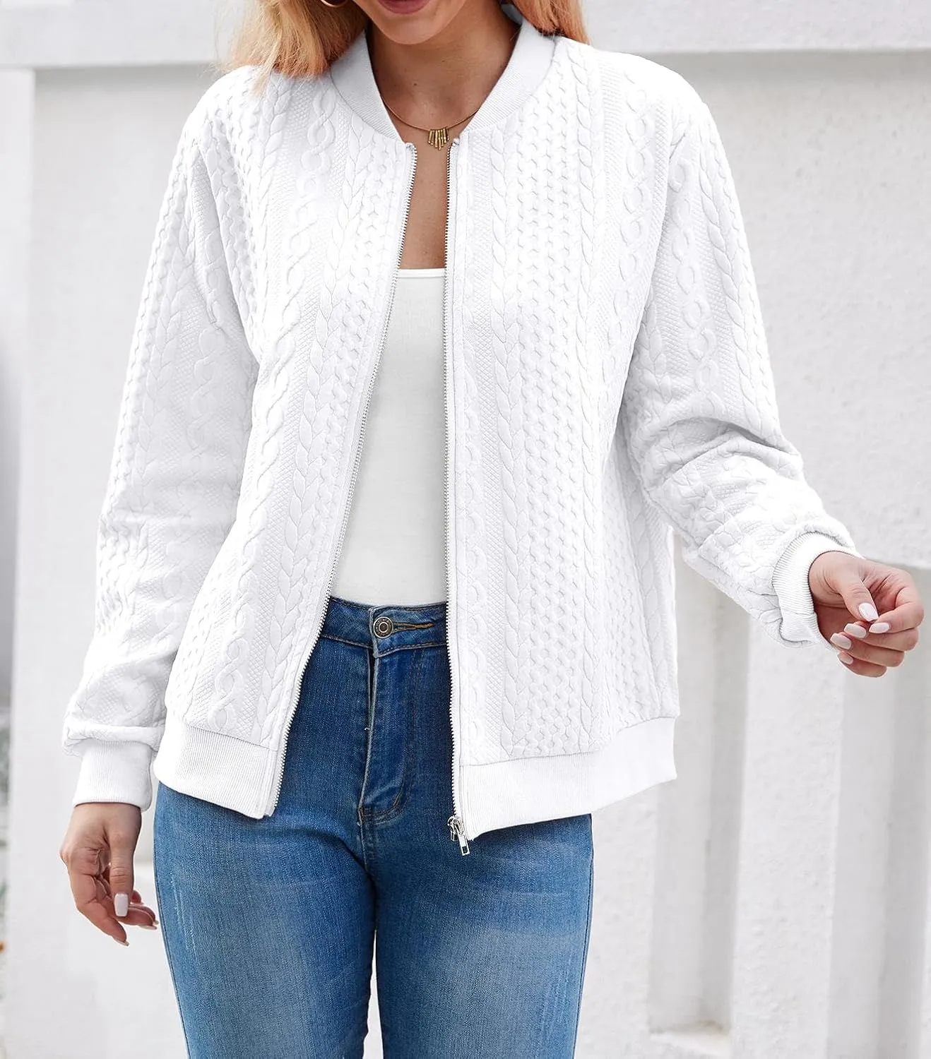 Women's Zip Up Cardigan Sweater Cable Hoodies Long Sleeve Jacket Outfits Crewneck Casual Coat