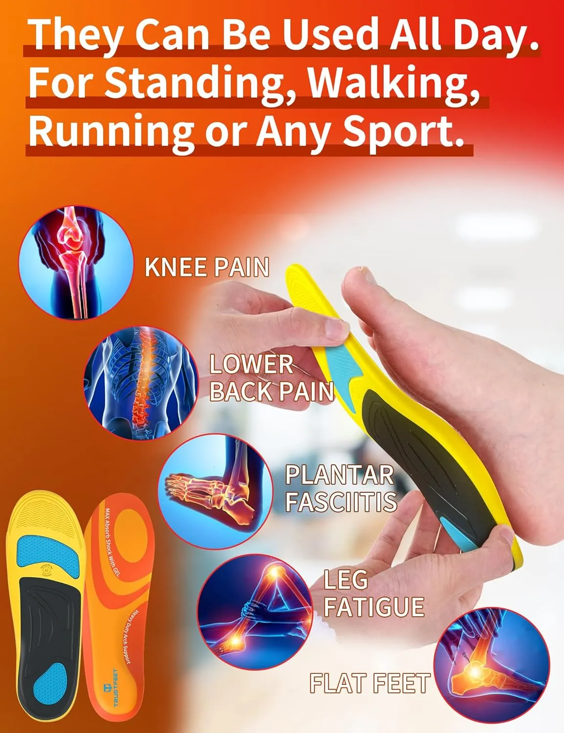 Work Orthotic Heavy Duty Support Insoles,Anti Fatigue Relieve Foot Pain Work Boot Shoes Inserts for Standing All Day,Plantar Fasciitis High Arch Support Insoles for Man Women-L