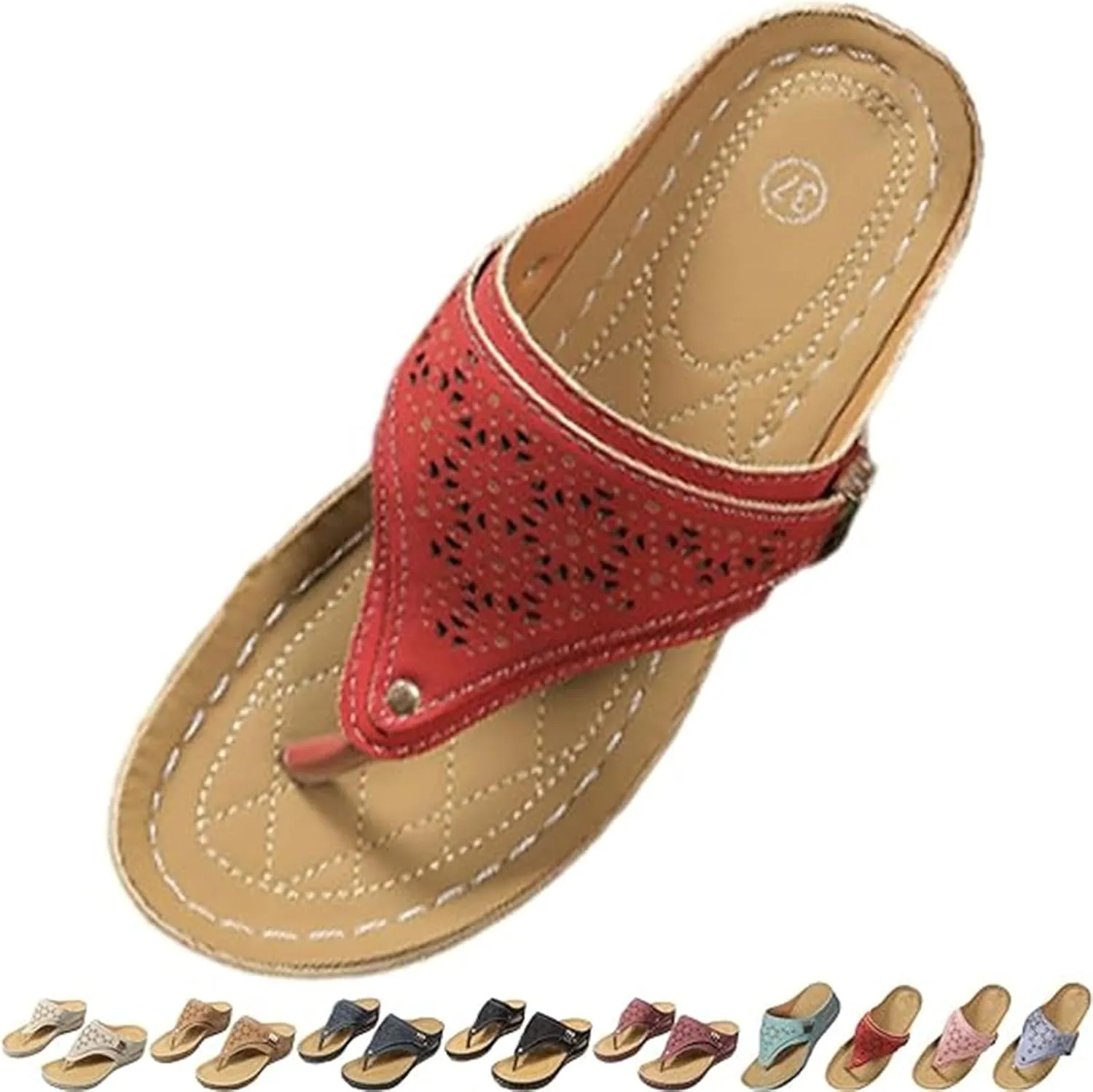 Work Sandals for Women 2025 Solid Color Leather Hollowed Out Carved Slippers Toe Clip Thick Sole Sandal for Ladies