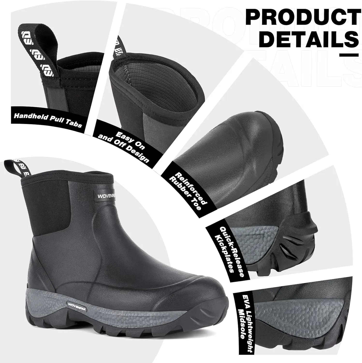 WOVENPAK Rubber Boots for Men, Waterproof Ankle Rain Boots Men, Insulated Work Shoes Outdoor Mud Boots for Gardening, Hunting, Farming, Camping and Yard, Size 6-13