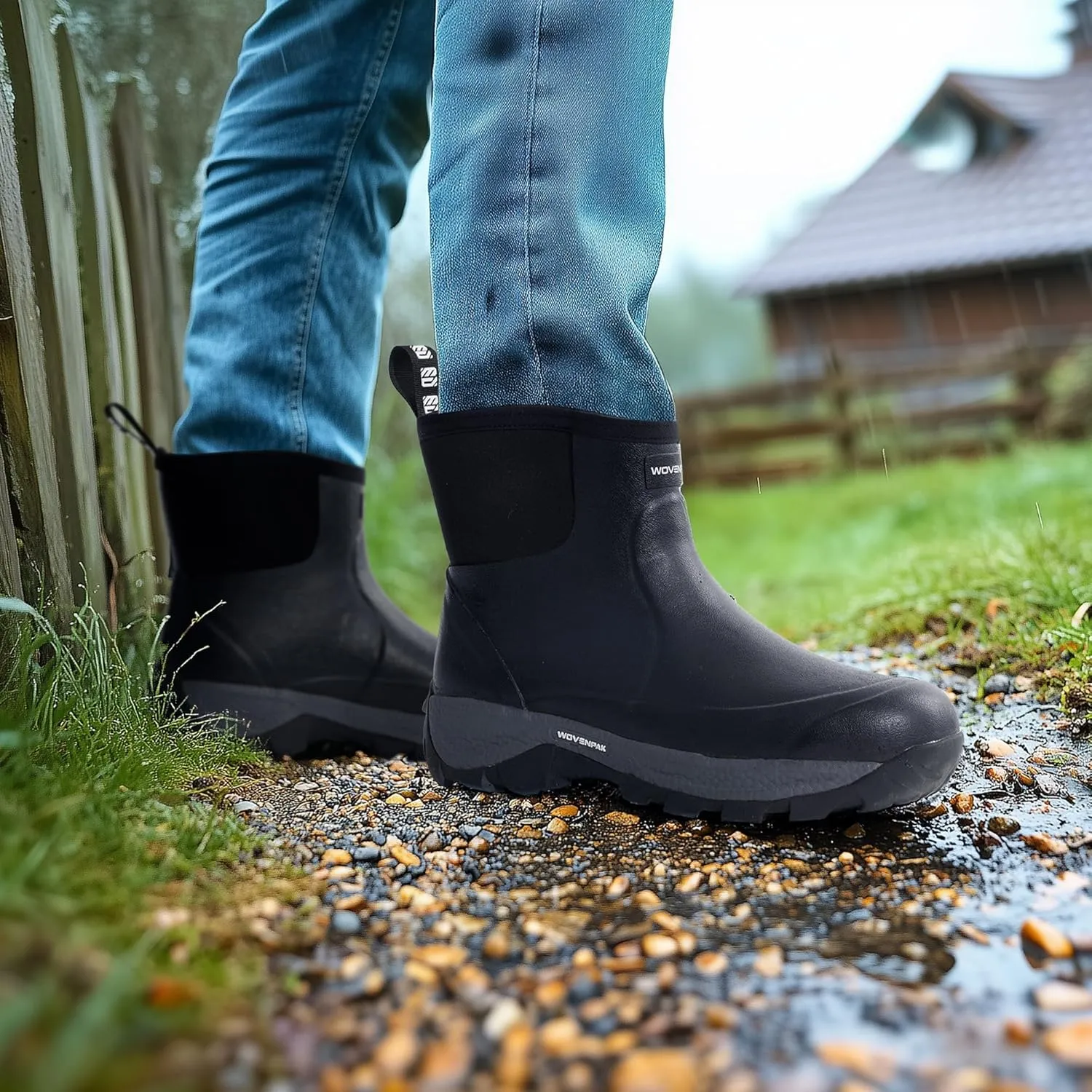 WOVENPAK Rubber Boots for Men, Waterproof Ankle Rain Boots Men, Insulated Work Shoes Outdoor Mud Boots for Gardening, Hunting, Farming, Camping and Yard, Size 6-13