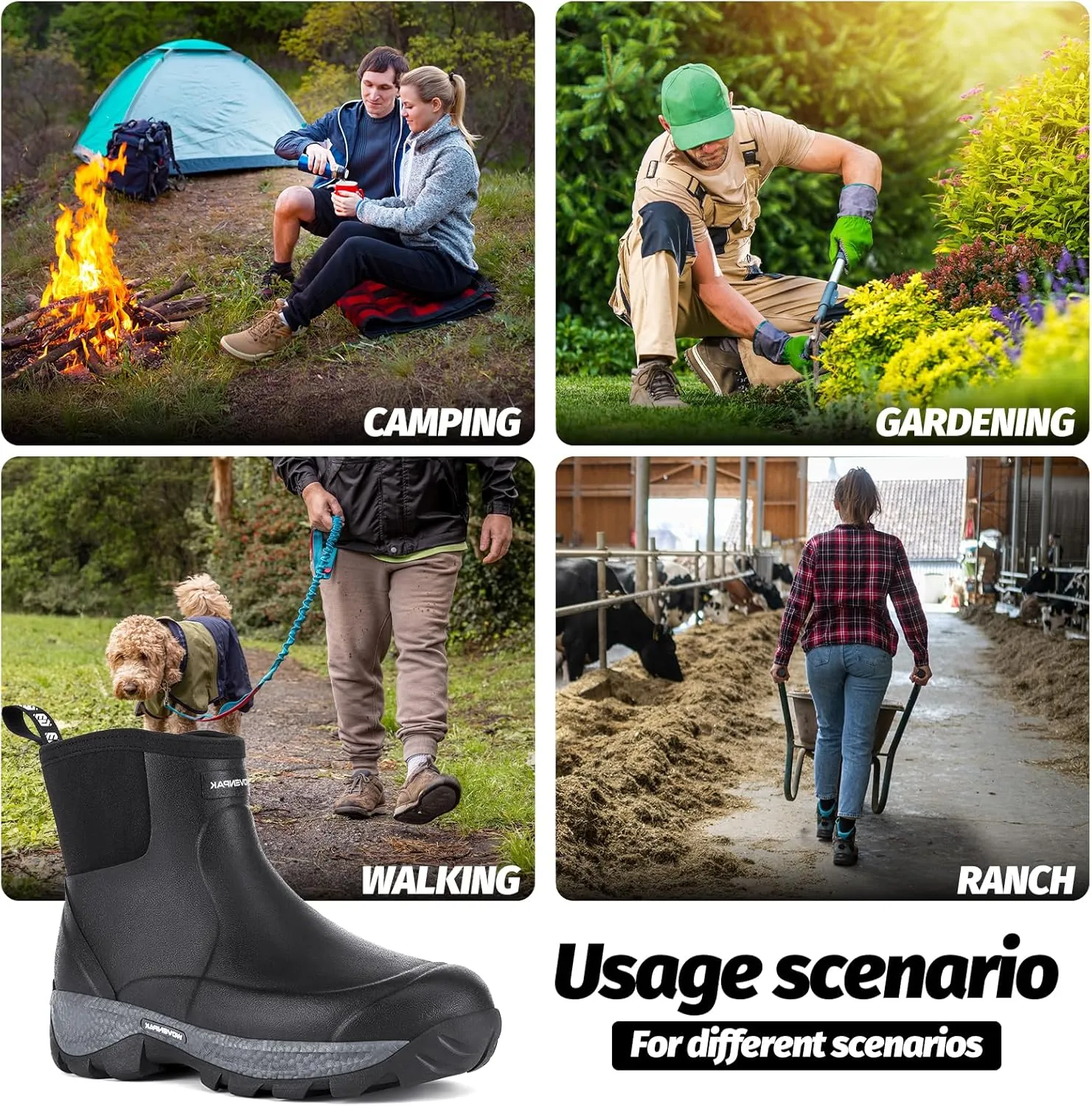 WOVENPAK Rubber Boots for Men, Waterproof Ankle Rain Boots Men, Insulated Work Shoes Outdoor Mud Boots for Gardening, Hunting, Farming, Camping and Yard, Size 6-13