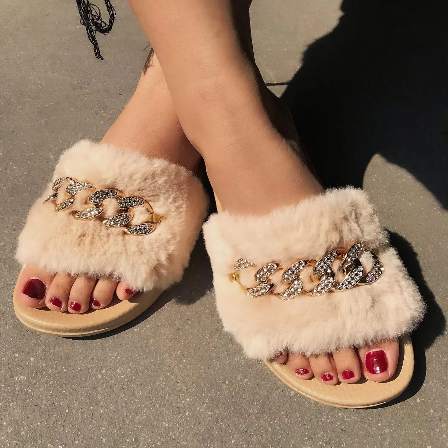 xsby Women's Soft Faux Fur Flat Slide Sandals Comfortable Slipper