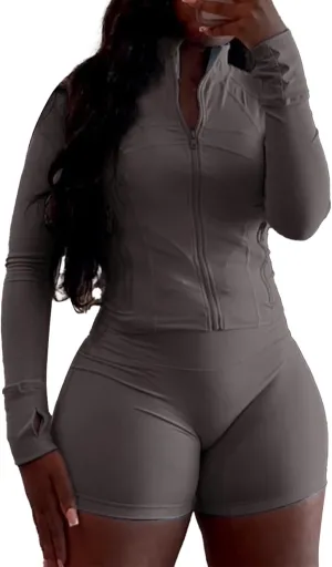 XZLUFNY Two Piece Short Sets for Women Long Sleeve Sport Jacket Bodycon Short Tracksuit Sweatsuit