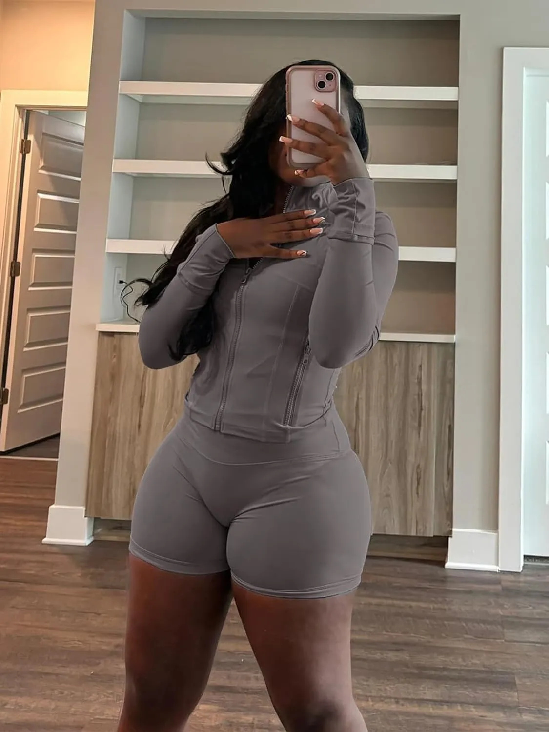 XZLUFNY Two Piece Short Sets for Women Long Sleeve Sport Jacket Bodycon Short Tracksuit Sweatsuit
