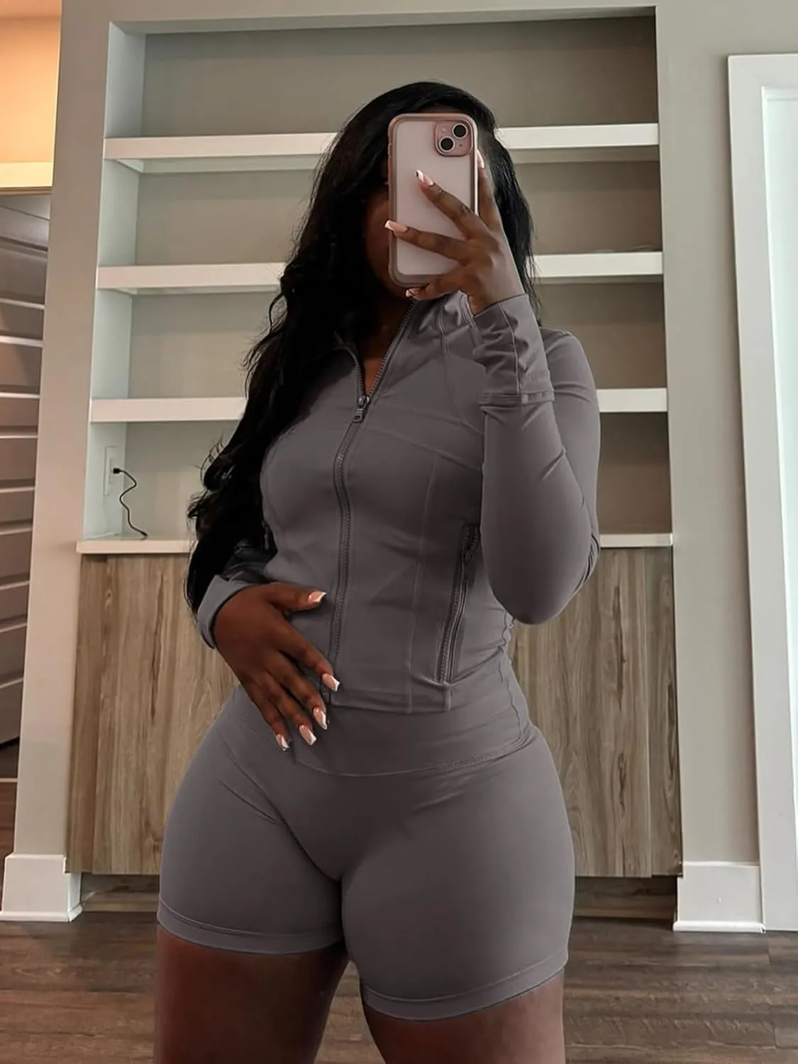 XZLUFNY Two Piece Short Sets for Women Long Sleeve Sport Jacket Bodycon Short Tracksuit Sweatsuit