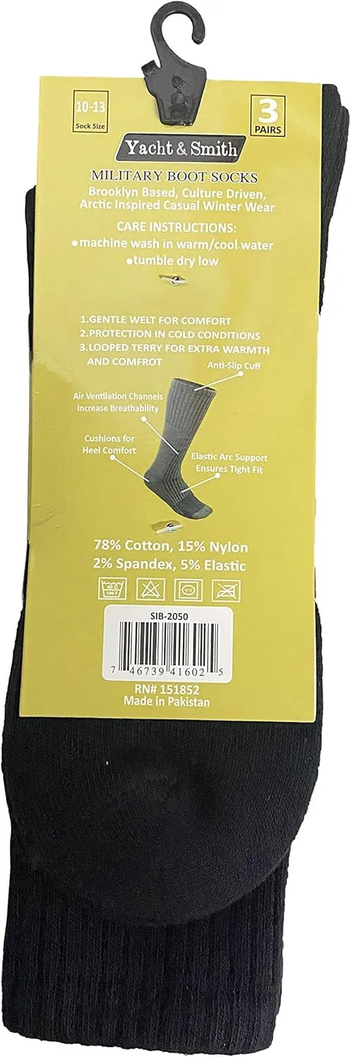 Yacht & Smith 6 Pairs Of Mens Military Grade Thick Padded Terry Lined Cotton Socks, Ribbed, Dry Wicking, Heavy Duty Crew Sock