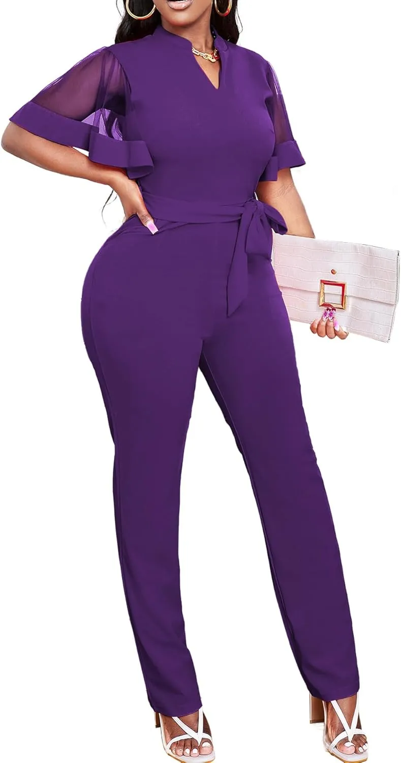 Yiershu Women's Jumpsuits Casual Dressy One Piece Outfits V Neck Formal Short Sleeve Mesh Ruffle Sleeve Romper