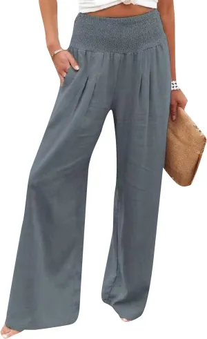 YMING Women's High Waist Wide Leg Pants Soft Pullover Trousers with Pocket Loose Beach Casual Slacks