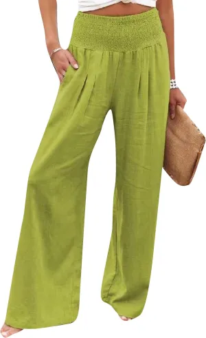 YMING Women's High Waist Wide Leg Pants Soft Pullover Trousers with Pocket Loose Beach Casual Slacks