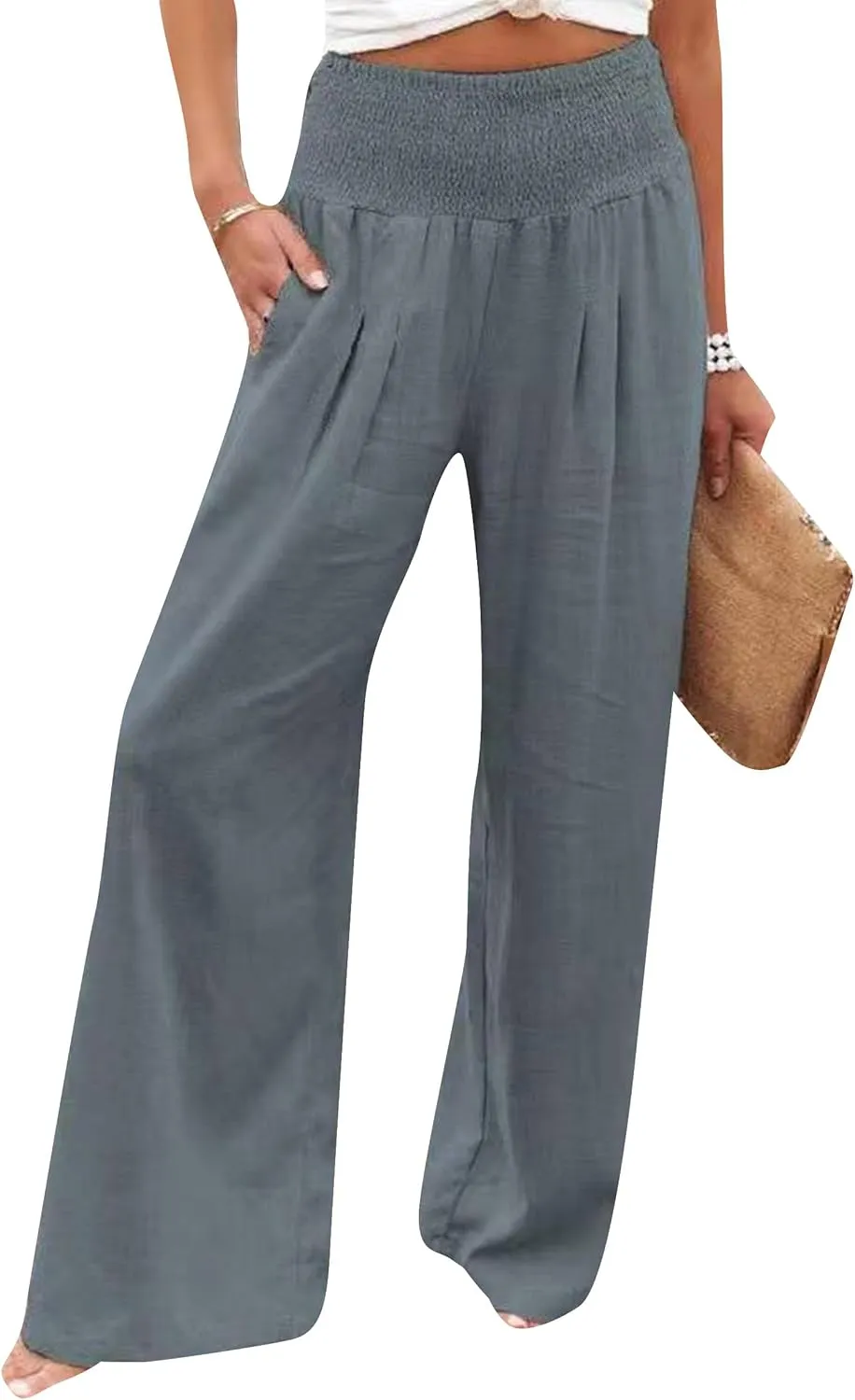 YMING Women's High Waist Wide Leg Pants Soft Pullover Trousers with Pocket Loose Beach Casual Slacks