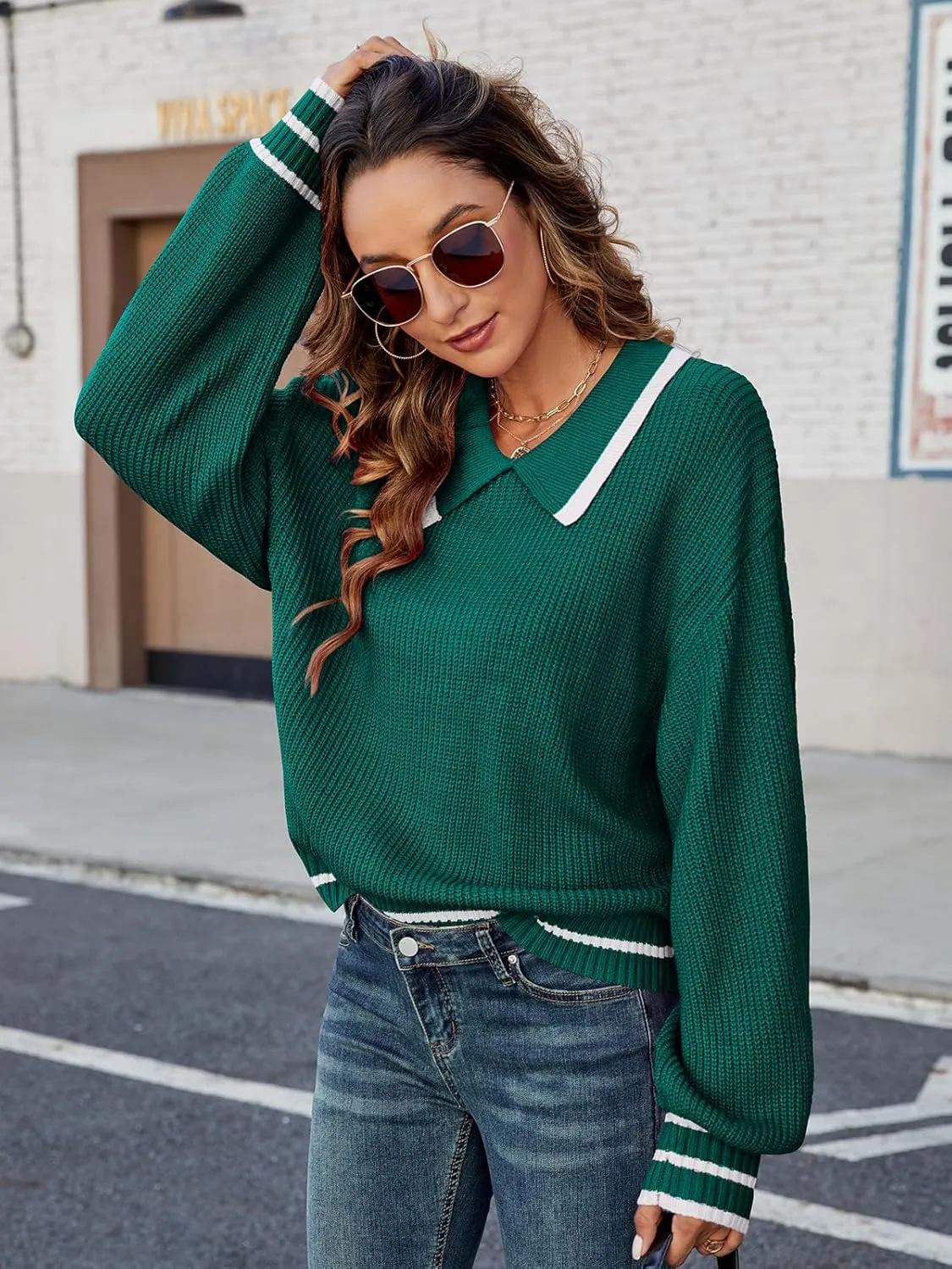 ZAFUL Womens Cute Y2K Sweater Lapel Crewneck Pullover Jumper Tops Bishop Sleeve Baggy Preppy Cropped Sweaters