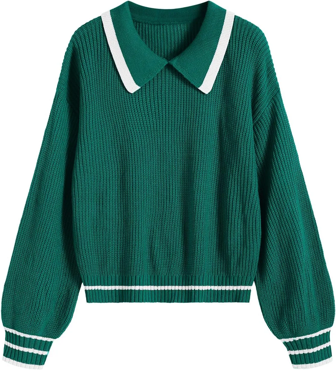 ZAFUL Womens Cute Y2K Sweater Lapel Crewneck Pullover Jumper Tops Bishop Sleeve Baggy Preppy Cropped Sweaters
