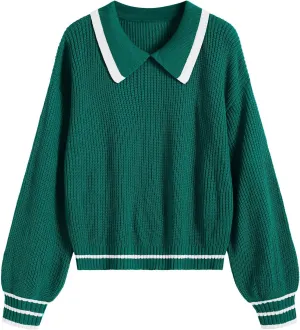 ZAFUL Womens Cute Y2K Sweater Lapel Crewneck Pullover Jumper Tops Bishop Sleeve Baggy Preppy Cropped Sweaters