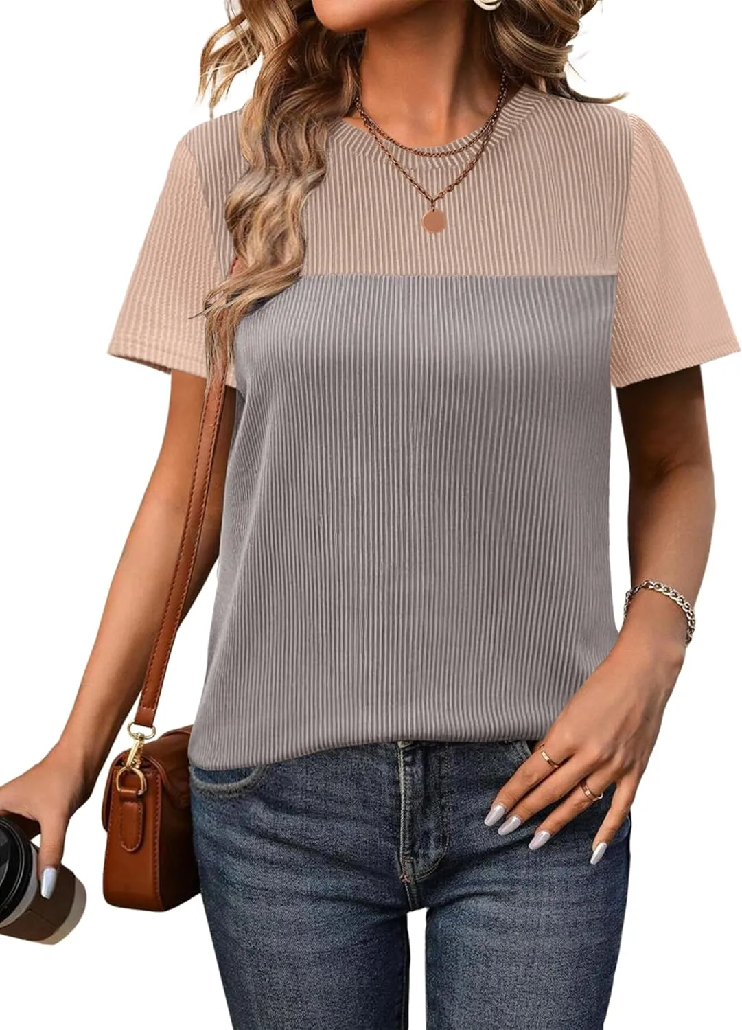 Zeagoo Womens Casual Summer Tops Short Sleeve T Shirts Crewneck Basic Tees Blouses Color Block Tunic Tops