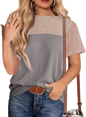 Zeagoo Womens Casual Summer Tops Short Sleeve T Shirts Crewneck Basic Tees Blouses Color Block Tunic Tops