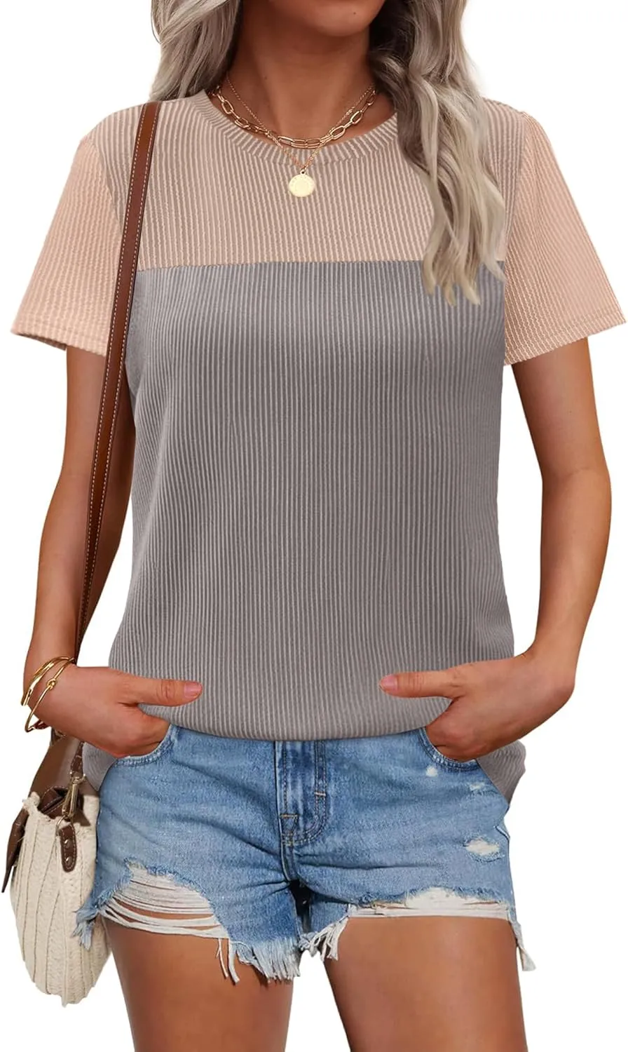 Zeagoo Womens Casual Summer Tops Short Sleeve T Shirts Crewneck Basic Tees Blouses Color Block Tunic Tops