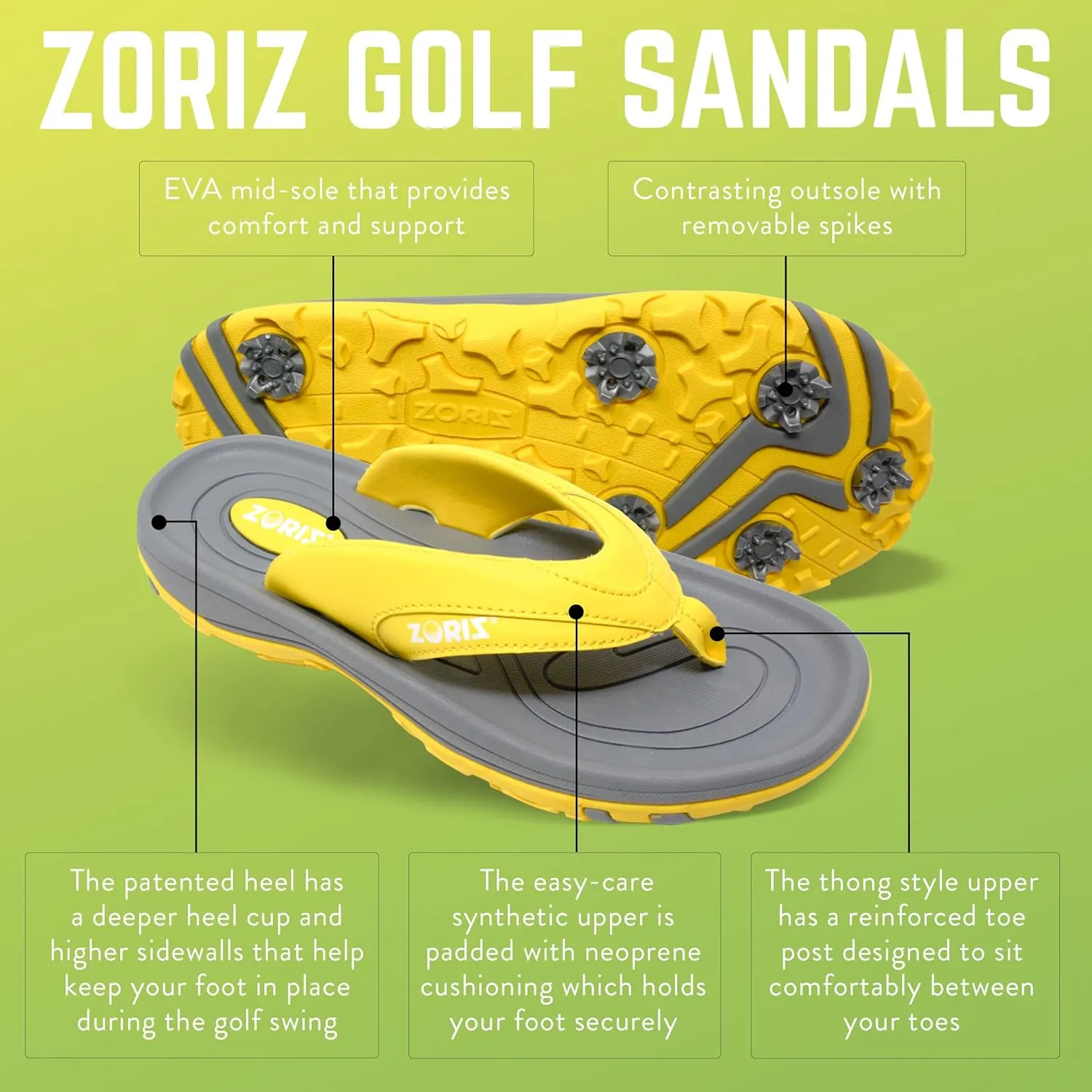 ZORIZ Next-GEN Golf Sandals for Women and Men, Golf Thong Flip Flops With Removable Soft Spikes, Golf Footwear With Deeper Heel Cup and Higher Sidewalls