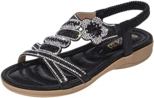 ZSpzx Womens Flat Sandals Flower Low Heel Dressy Elastic Ankle Strap Rhinestone Summer Comfortable Women's T-Strap Dress Open Toe Slip-On Casual Flowers Women Bohe Pearl Crystal Walking Beach Shoes