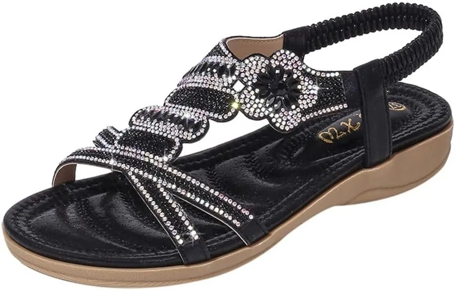ZSpzx Womens Flat Sandals Flower Low Heel Dressy Elastic Ankle Strap Rhinestone Summer Comfortable Women's T-Strap Dress Open Toe Slip-On Casual Flowers Women Bohe Pearl Crystal Walking Beach Shoes