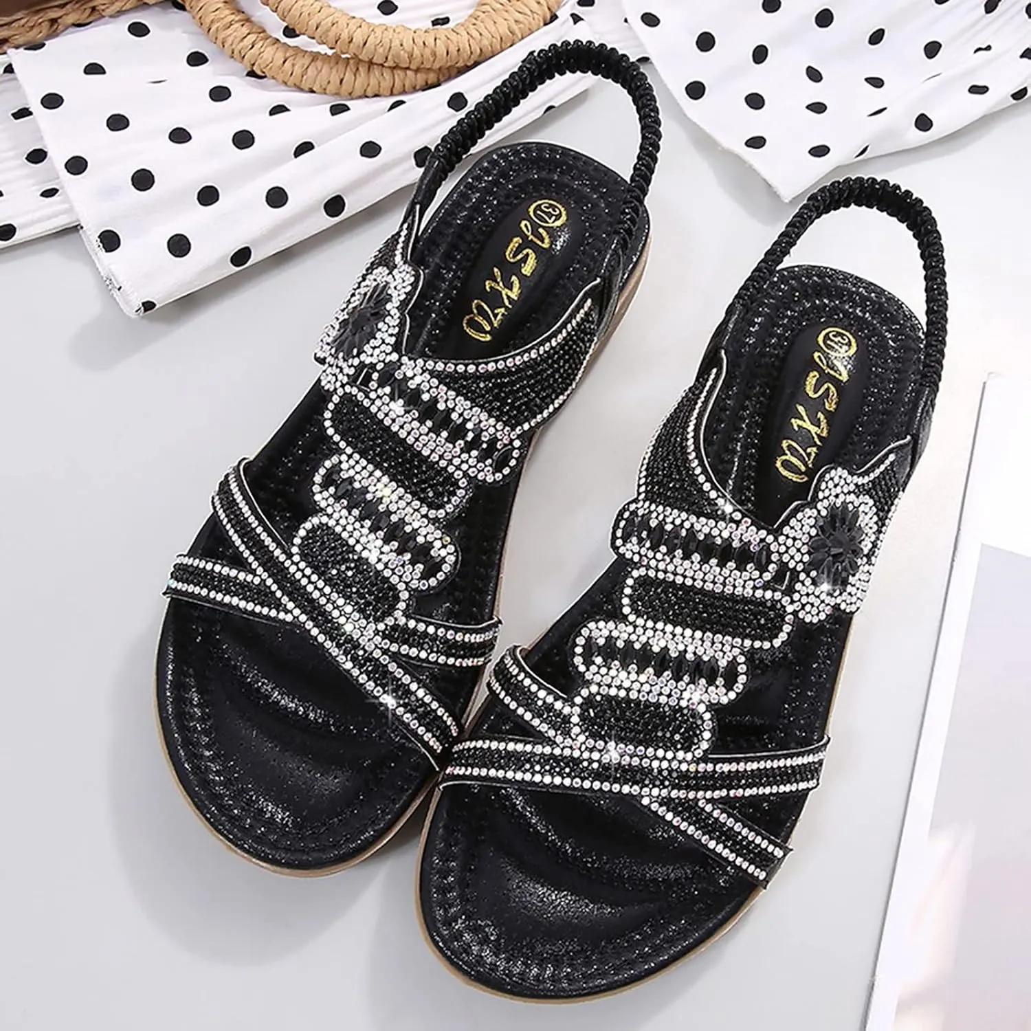 ZSpzx Womens Flat Sandals Flower Low Heel Dressy Elastic Ankle Strap Rhinestone Summer Comfortable Women's T-Strap Dress Open Toe Slip-On Casual Flowers Women Bohe Pearl Crystal Walking Beach Shoes